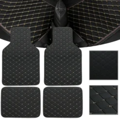4 Stück Universal-Fussmatten Aus Kunstleder, Vorne Und Hinten, Wasserdicht, Schwarz Und Beige Genäht