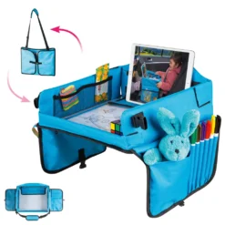 WALSER Kinder-Reisetisch-Auto, Kinder-Reise-Spieltisch, Faltbarer Auto-Kindertisch Mit Tablethalterung, Autotisch Für Kindersitz, Auto-Spieltisch Blau